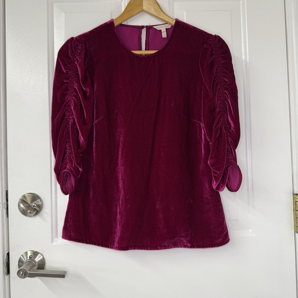 Rebecca Taylor Velvet Fuchsia Shirt Top Blouse Ruched Sleeves Womens‎ Size 00